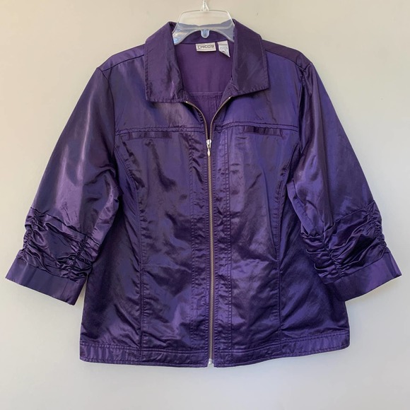 Chico's Jackets & Blazers - Chico's purple zip front jacket 3/4 sleeves satiny finish unlined size XL / 16